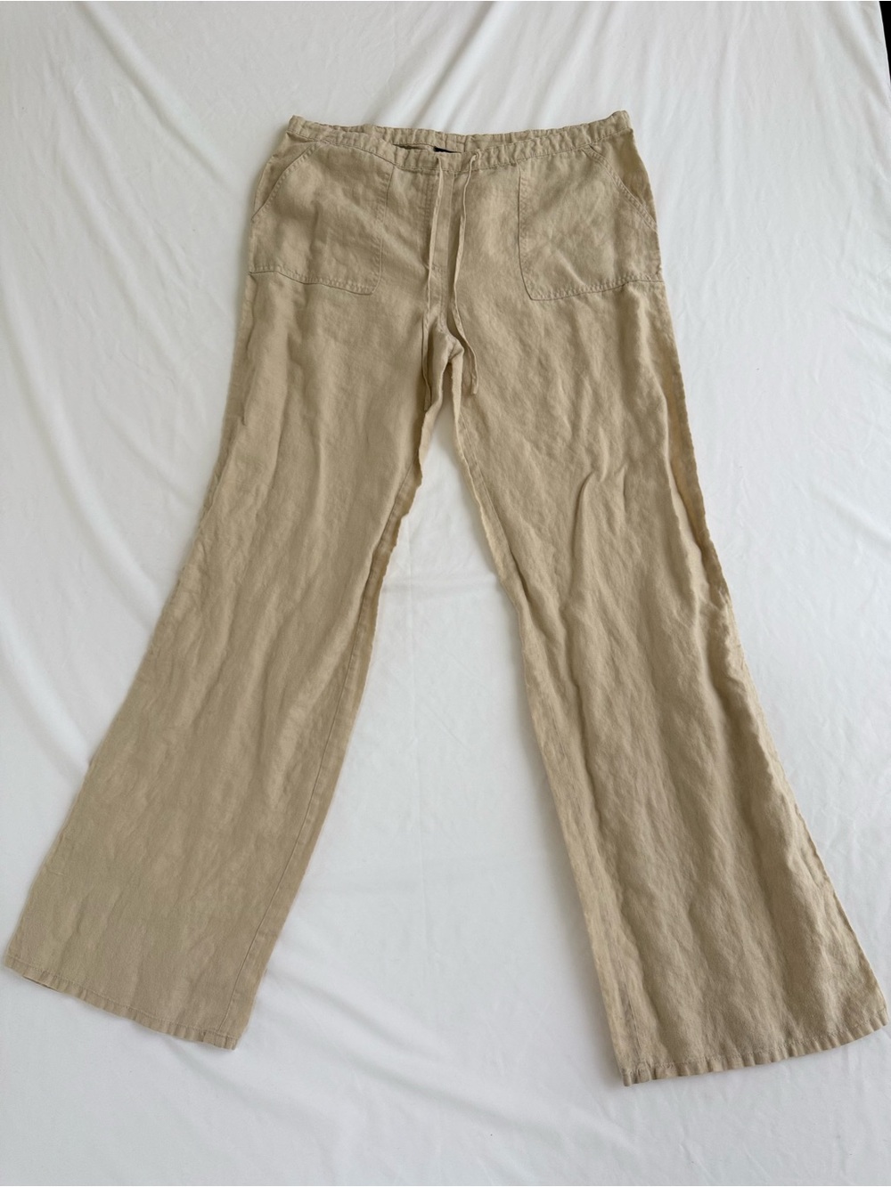 Moda International Beige Linen Drawstring Pants S Wide Leg Lagenlook Beach